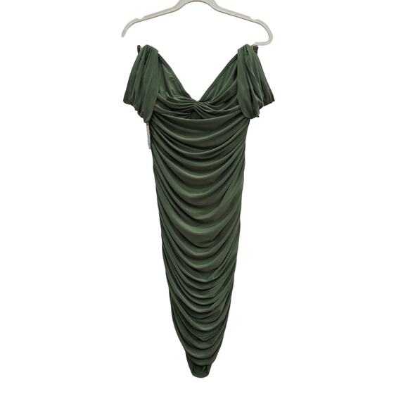 Norma Kamali Walter Midi Dress Green XL NWT Off Shoulder Ruched Elegant - Picture 8 of 9